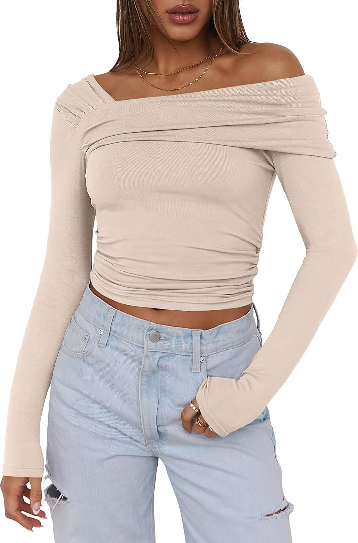 ANRABESS Womens One Off Shoulder Shirts Long Sleeve Going Out Crop Tops Ruched Tight Casual Blous... | Amazon (US)