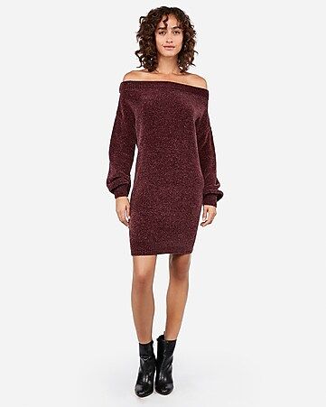cozy chenille off the shoulder shift dress | Express
