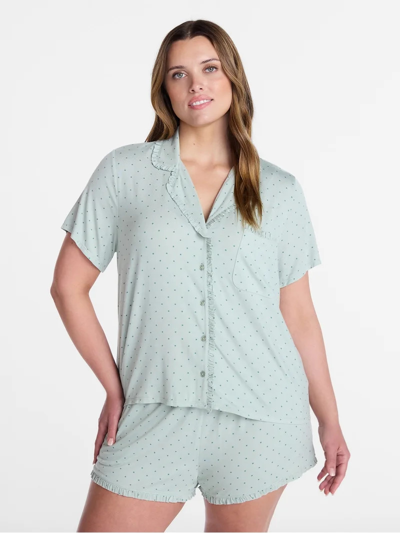 Joyspun Women’s Modal-Blend Ruffle Trim Notch Collar Top and Shorts Pajama Set, 2 Piece, Sizes ... | Walmart (US)