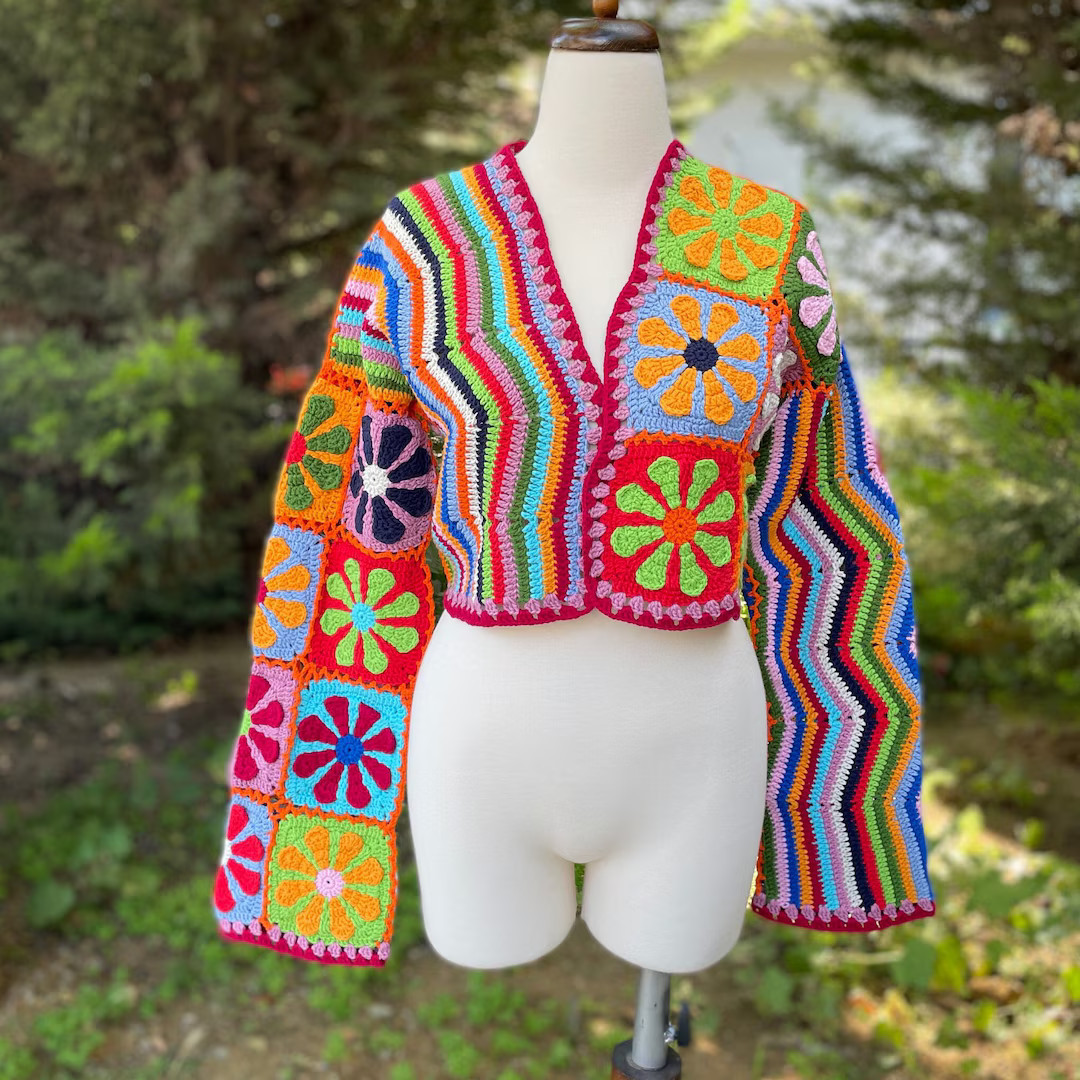 Crochet Granny Square Jacket for Women, Colorful Granny Square Cardigan, Crochet Floral Jacket, H... | Etsy (US)
