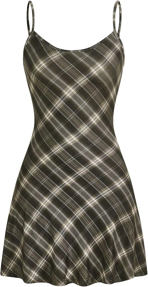 Milumia Women's Summer Plaid Spaghetti Strap Short Cami Dress Flare Hem Mini Dresses | Amazon (US)