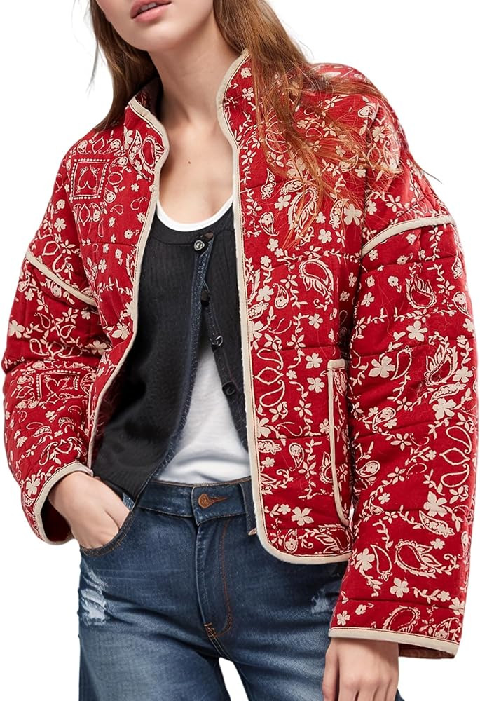 Wyeysyt Women's Cropped Puffer Jacket Lightweight Floral Print Long Sleeve Padded Quilted Puffy C... | Amazon (US)