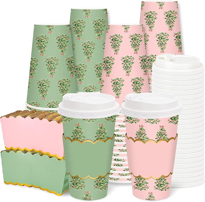 50 Sets Christmas Coffee Cups with Lids Sleeves 16oz Xmas Tree Paper Cup Pink Green Disposable To... | Amazon (US)