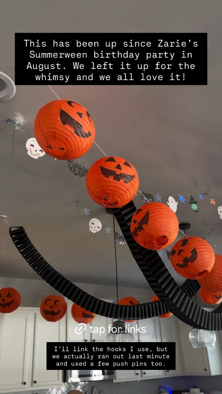 This has been up since Zarie’s Summerween birthday party in August. We left it up for the whimsy and we all love it! I’ll link the hooks I use, but we actually ran out last minute and used a few push pins too.