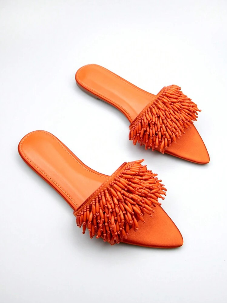 Women's Handmade Bead Embroidery Decorated Orange Canvas Fabric Fashionable Flat Comfortable Sandals For Outdoor,Spring Summer Outfits | SHEIN