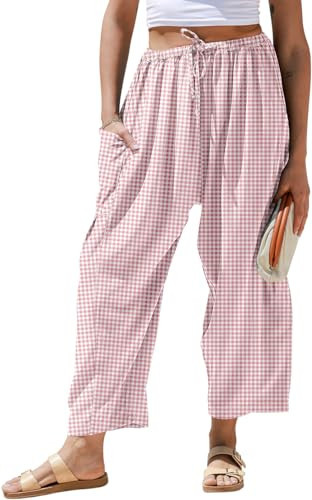 TARSE Womens Linen Wide Leg Plaid Pants Casual Barrel Loose Drawstring Low Waist Palazzo Harem Pants with Pockets(BeanPasteWhite,XXL) | Amazon (US)