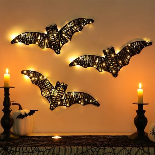 3 Pack Halloween Decorations Indoor Wall Decor with Lights & Batteries Included, Black Rattan Pre... | Amazon (US)