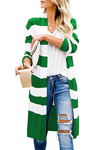 CARDYDONY Women's Long Knit Cardigans Lightweight Sweater Coat Stripe Green S | Amazon (US)