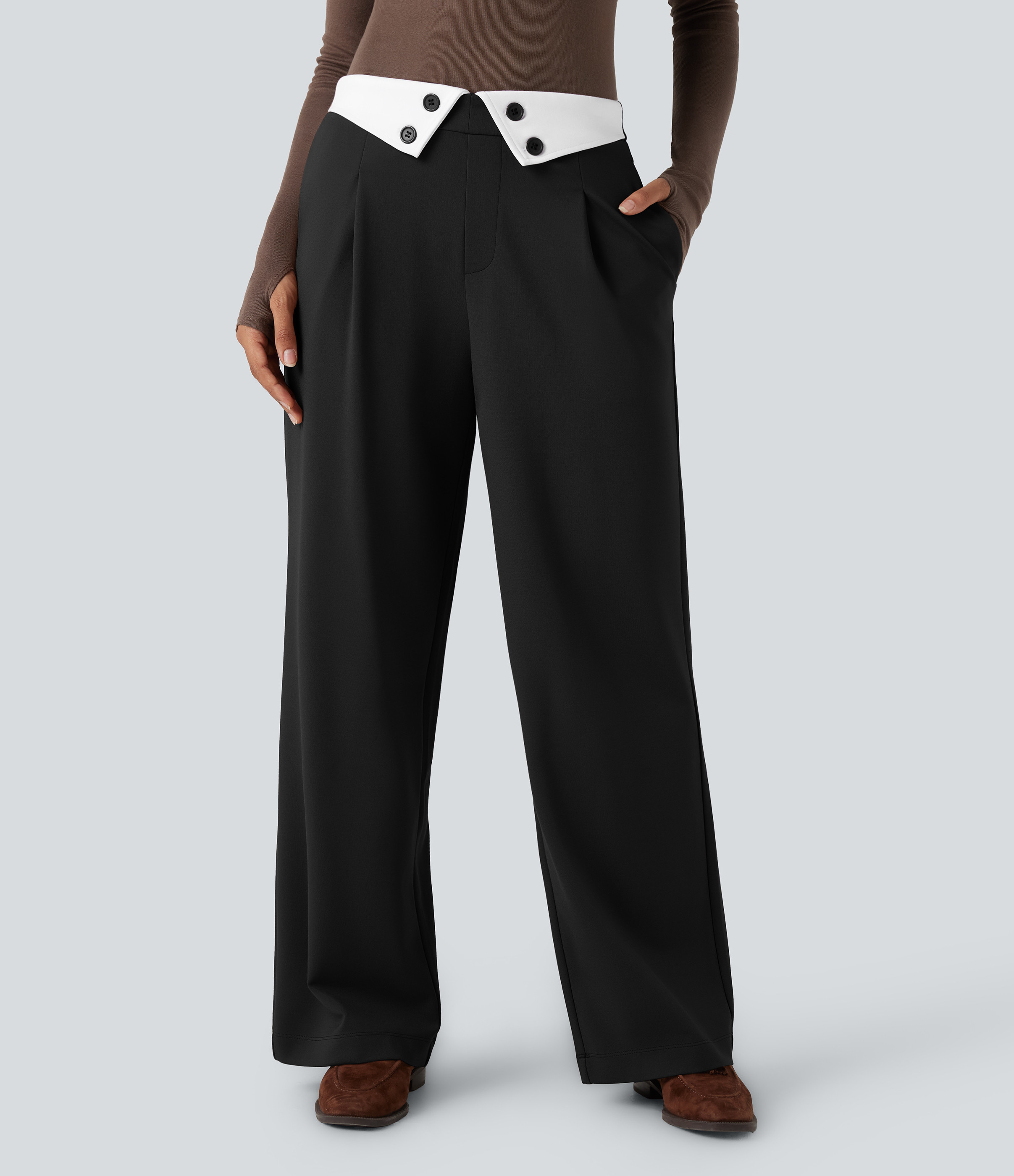 Halara Halara Flex™ Foldover Mid Rise Color Block Straight Leg Work Pants with Pockets - Black - XS(regular) sweatpants jogger pants | HALARA