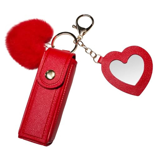 Xirlivpc Lipstick Case Keychain, 2 pcs Chapstick Holder Key Chain, Lipgloss Charms with Mirror, PU Leather Lip Balm Portable Cosmetic Organizer for Women (Red) | Amazon (US)