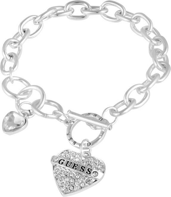 GUESS Silver-Tone Crystal Logo Heart Charm Link Bracelet - Macy's | Macy's