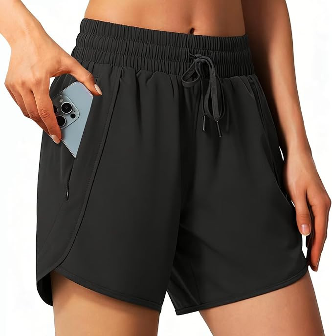 Women's 5" High Waisted Running Shorts with Zipper Pockets | Lightweight 4-Way Stretch Comfortabl... | Amazon (US)
