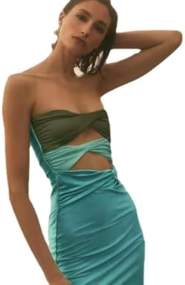 Patchwork Y2K Strapless Dress Party Sleeveless Backless Sexy Hollow Out Dresses Women Summer Beac... | Amazon (US)