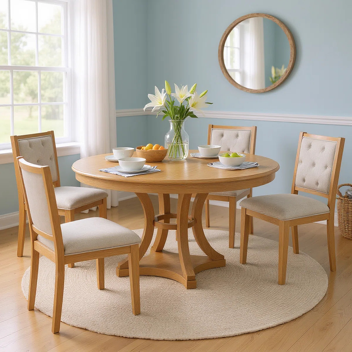 Extendable Round Dining Table Set with Solid Wood Base and 4 Upholstered Chairs, Vintage Finish | Wayfair North America