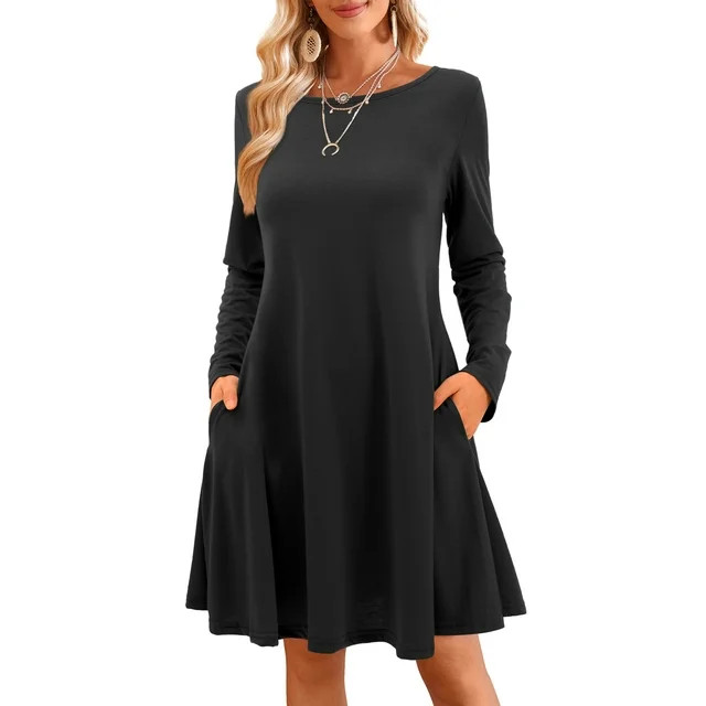 Fancyglim T-Shirt Dresses for Women with Pockets Casual Crew Neck Short Dress Black XL | Walmart (US)