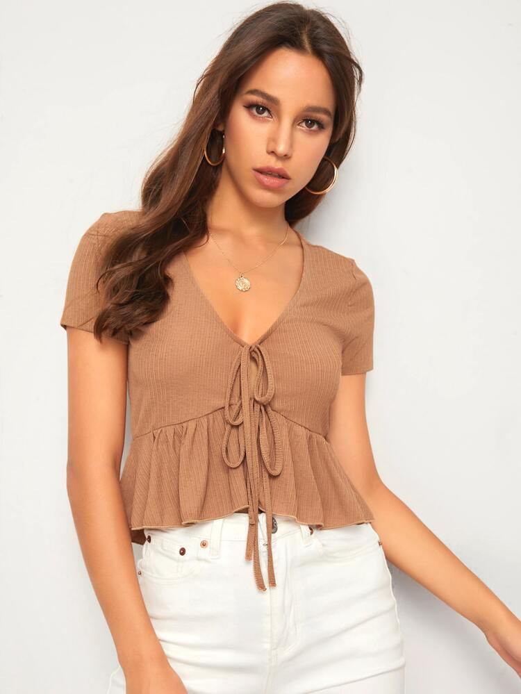 SHEIN EZwear Tie Front Peplum Top | SHEIN