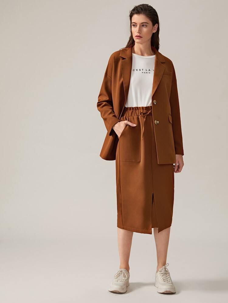 Premium Notched Collar Single Breasted Blazer & Split Hem Skirt Set | SHEIN