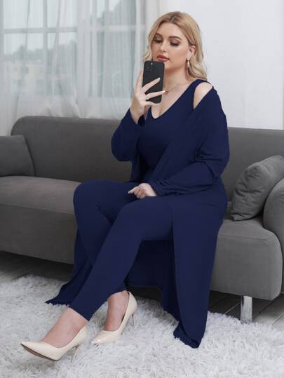 Plus Open Front Coat & Tank Top & Leggings | SHEIN