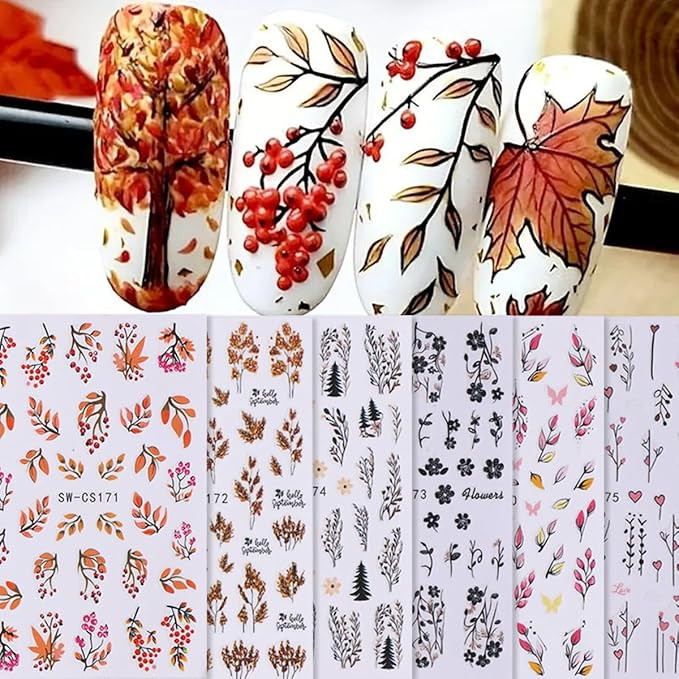 Fall Nail Art Stickers Autumn Leaf Nail Decals 6PCS 3D Self-Adhesive Fall Leaf Floral Nail Transf... | Amazon (US)
