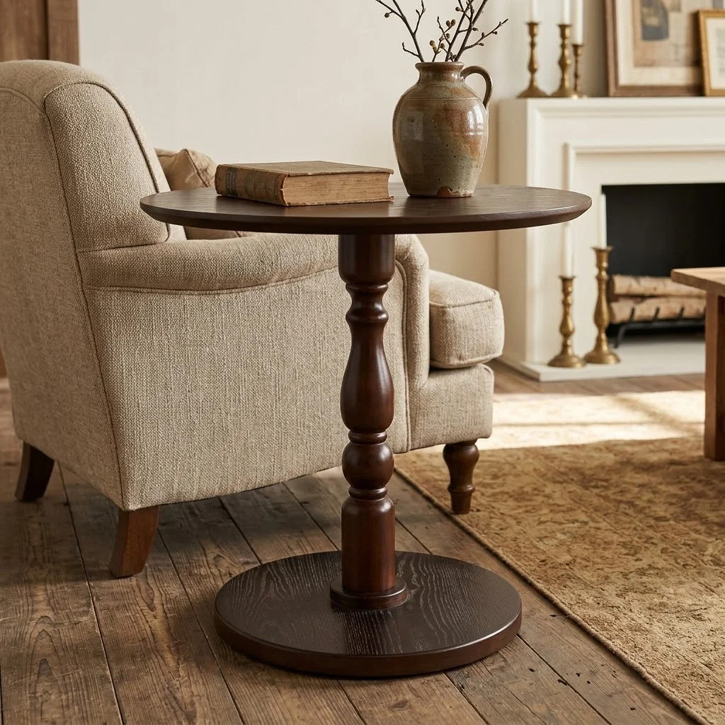 Vintage Round Wooden Side Table with Turned Pedestal Base | Wayfair North America
