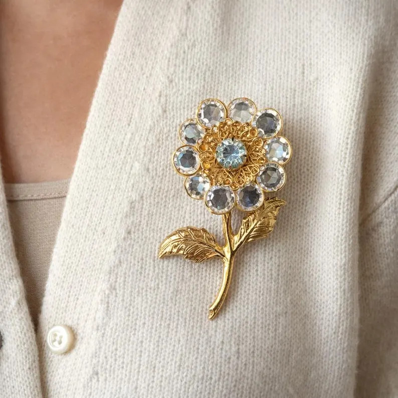 Vintage Flower Clear Crystal Bezel Flower Brooch Gold Tone Pin | Etsy (US)