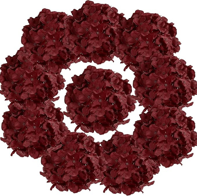 Auihiay 10PCS Hydrangea Artificial Flowers, Faux Burgundy Flower for Wedding Centerpieces, DIY Bo... | Amazon (US)
