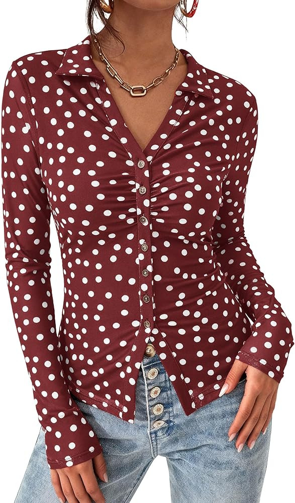 PRETTYGARDEN Women Button Down Floral Shirts 2025 Fall Trendy Long Sleeve V Neck Ruched Mesh Boho... | Amazon (US)