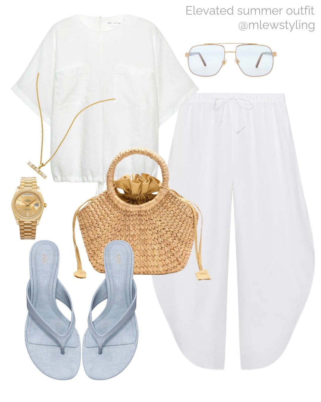 All white summer outfit ✨

Tags: Zara linen pants, banana republic straw bag, blue suede sandals, gold watch, aviator sunglasses, neutral aesthetic, capsule wardrobe, old money look

#LTKsummer #LTKstyletip #LTKtravel