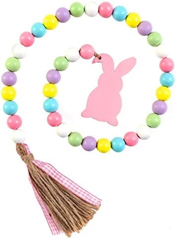 Tmflexe Wood Beads Garland Easter Day Tassel Garland Farmhouse Rustic Prayer Beads Boho Beads with J | Amazon (US)