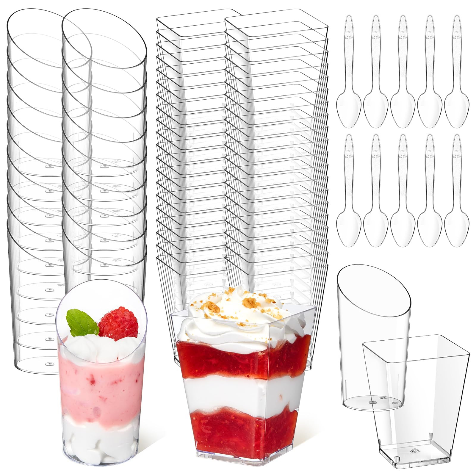 Mini Plastic Dessert Cups with Spoons 200 Pcs | Serves 100 | 5 OZ Square and 2.2 OZ Slanted Desse... | Amazon (US)