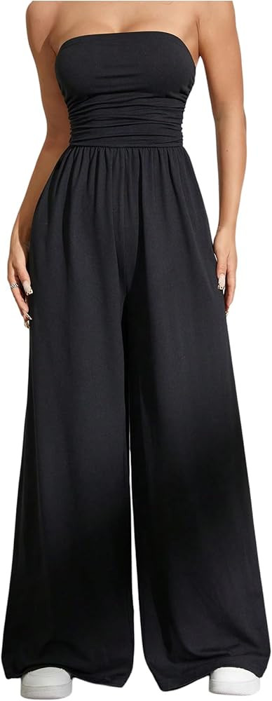 OYOANGLE Women's Strapless Jumpsuits Ruched Wide Leg Long Pants Romper | Amazon (US)