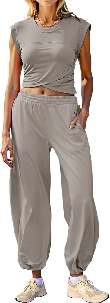 Glamaker Women's Two Piece Athletic Sets Casual Workout Sleeveless Cropped Tops High Sweatpants J... | Amazon (US)