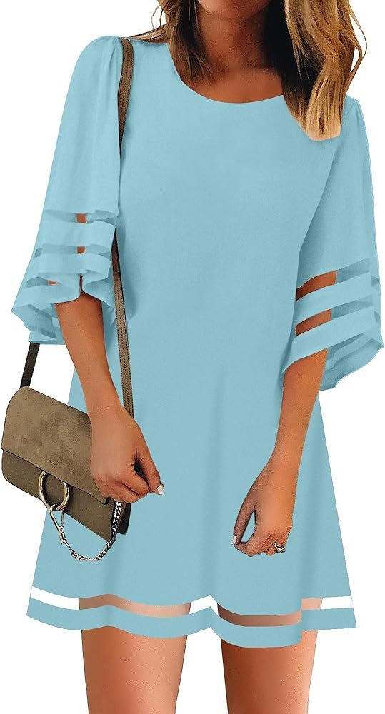 Women Casual Crewneck Mesh Panel 3/4 Bell Sleeve Loose Tunic Dress | Amazon (US)