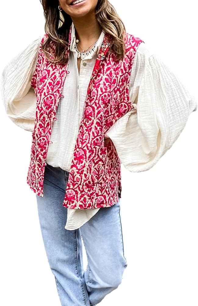 Women's Waistcoat Vest Gilet Vintage Floral Printed Patchwork Reversible Sleeveless Jacket Cardig... | Amazon (US)