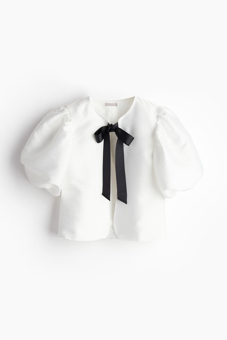 Balloon-sleeved Blouse - Round Neck - Short sleeve - White - Ladies | H&M US | H&M (US + CA)