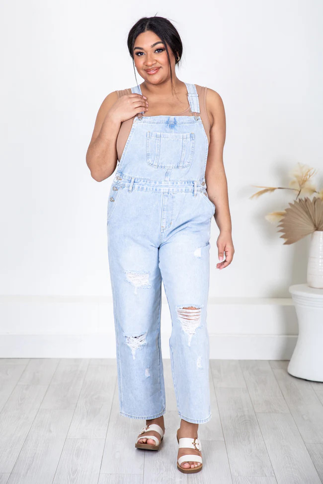 Just A Normal Girl Light Wash Distressed Straight Leg Denim Overalls | Pink Lily
