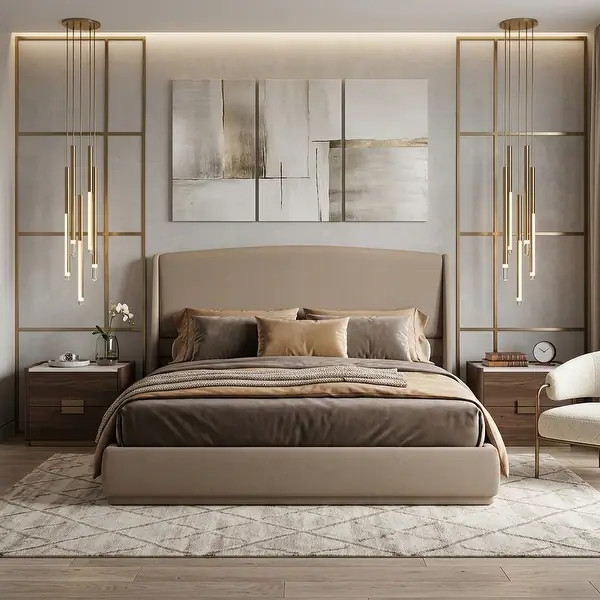 Upholstered Queen Bed Frame with Padded Linen Headboard and Low Profile Platform Design by Harper... | Bed Bath & Beyond