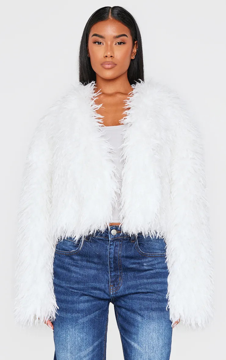 Cream Faux Fur Cropped Coat | PrettyLittleThing | PrettyLittleThing UK