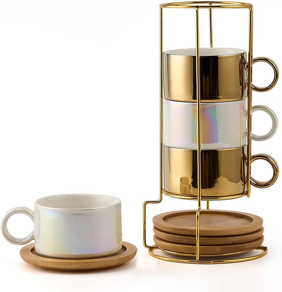 LUKA Porcelain Espresso Cup Set of 4 with Saucers and Metal Stand | 6 Ounce | Shimmer Golden | St... | Amazon (US)