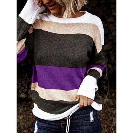 Women'S Fashion Colorblock Striped Round Neck Knit Sweater Top | Walmart (US)
