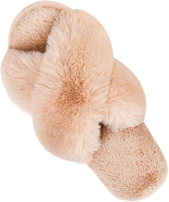 Women's Cross Band Slippers Soft Plush Furry Cozy Rabbit Fur House Shoes Flip Flop Open Toe Indoo... | Amazon (US)