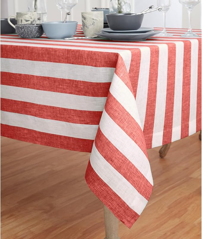 Solino Home Cabana Stripe Linen Tablecloth 108" L x 60" W Inch – 100% Pure Linen Red and White ... | Amazon (US)
