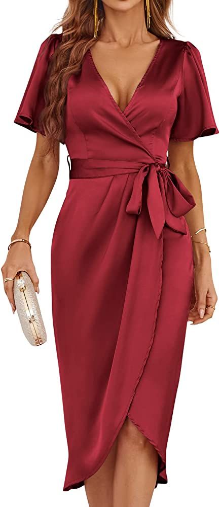 Newshows Women's Summer 2023 Satin Short Sleeve Cocktail Midi Dress V Neck Belted Ruched Slit For... | Amazon (US)