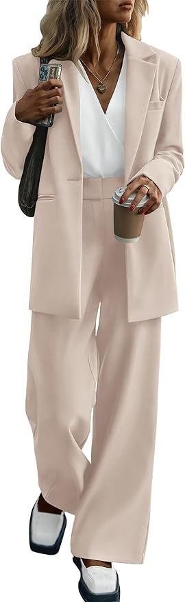 PRETTYGARDEN Women's 2023 Fall Two Piece Outfits Blazer Jacket and Wide Leg Pants Pockets Busines... | Amazon (US)