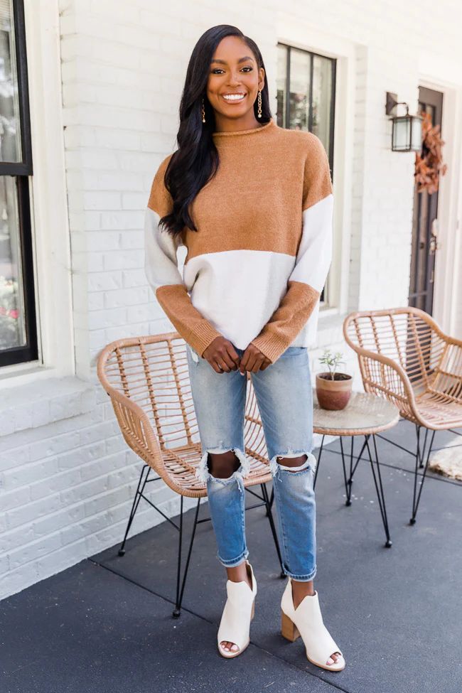 Distracted Love Brown Colorblock Mock Neck Sweater FINAL SALE | The Pink Lily Boutique