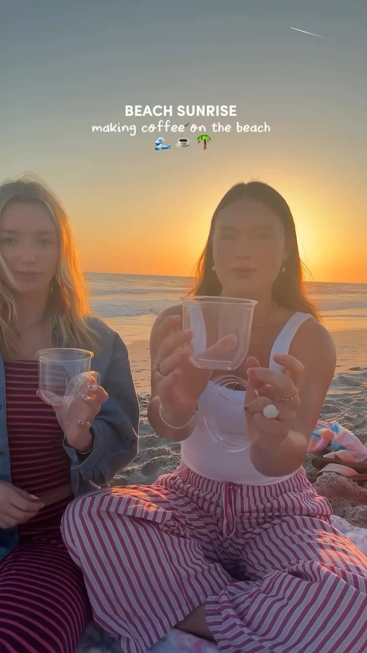New favorite way to start the morning is making lattes on the beach 🤭☕️ 🌅 #coffee #beach @tossware @bellaahughes