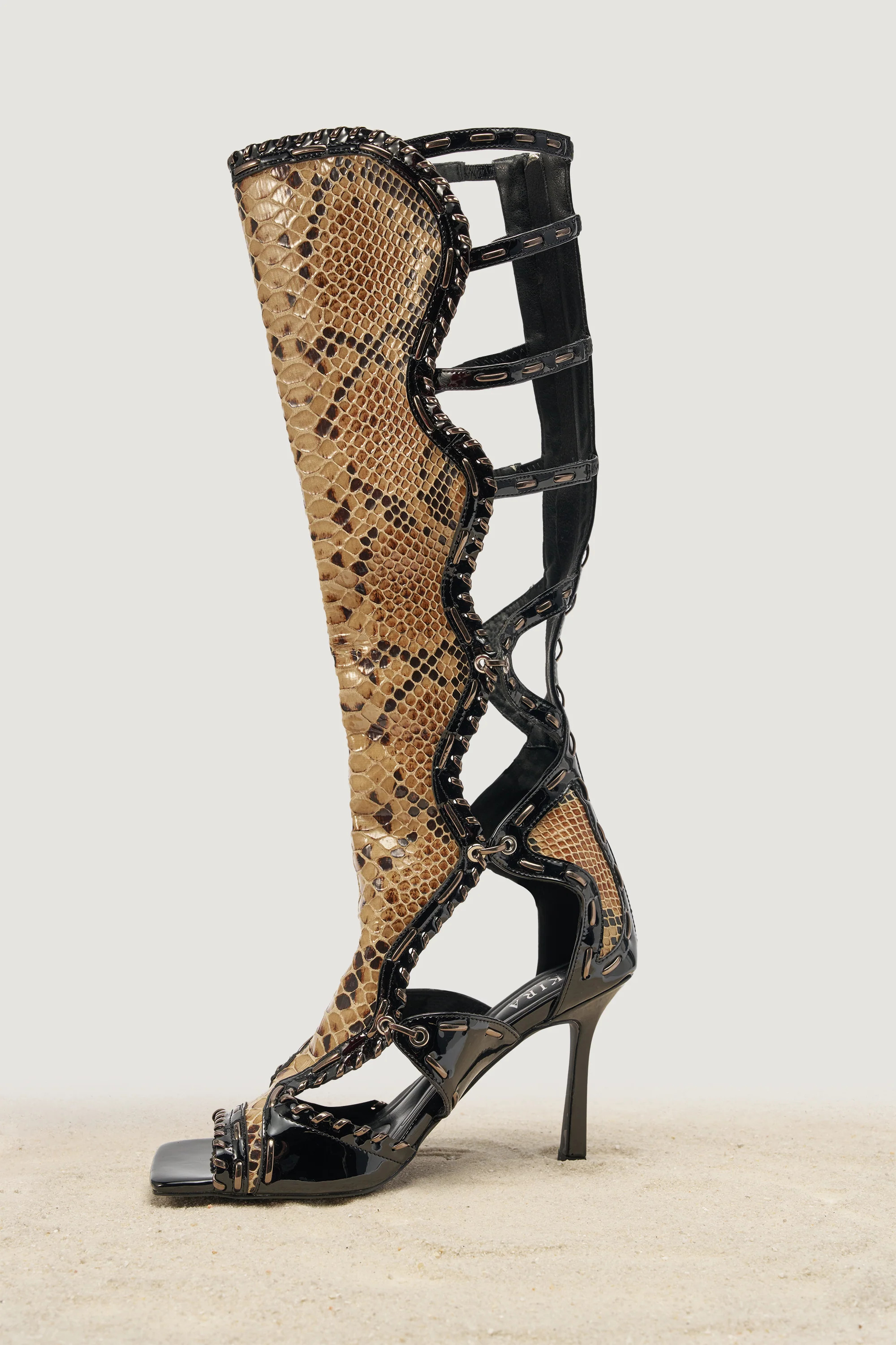 AKIRA GOLD INDRANI BLACK HIGH SHAFT GLADIATOR SANDAL | AKIRA