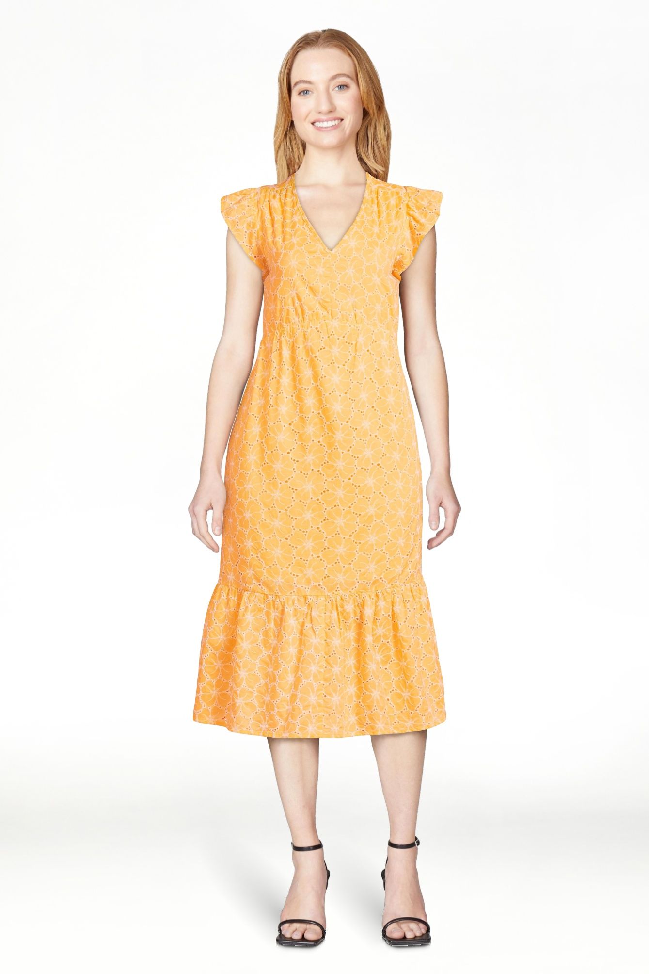 Time and Tru Women's Floral Eyelet Dress with Flutter Sleeves, Sizes XS-4X | Walmart (US)