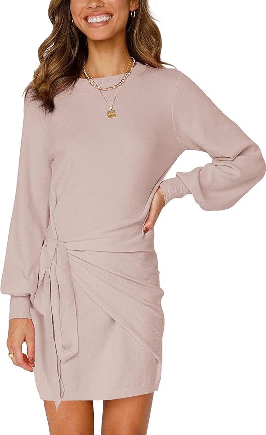 VTSGN Women's Long Lantern Sleeve Knit Sweater Dress Bodycon Ruched Tie Waist Mini Dresses | Amazon (US)