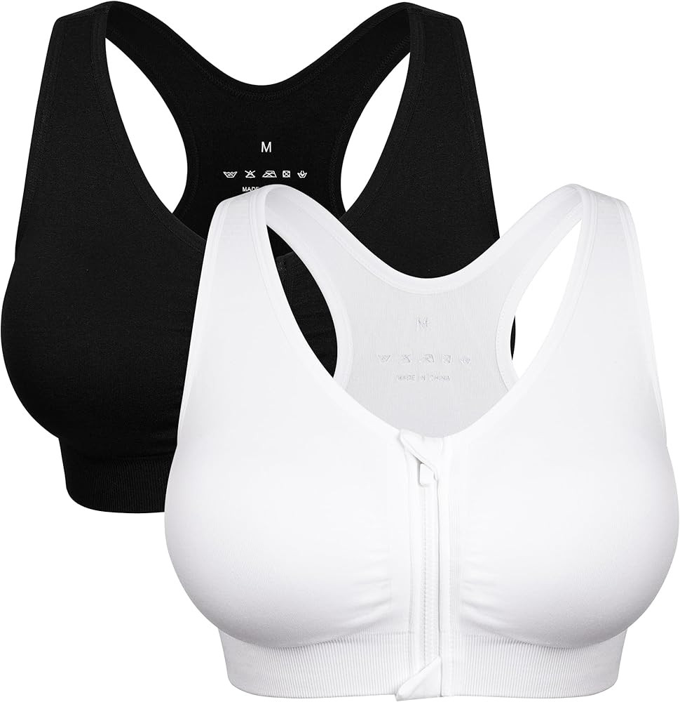 Women's Zip Front Sports Bra Wireless Post-Surgery Bra Active Yoga Sports Bras | Amazon (US)